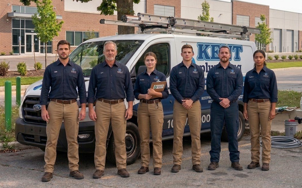 Kent's Plumbing Services team in front of service van and storefront in Kent, WA